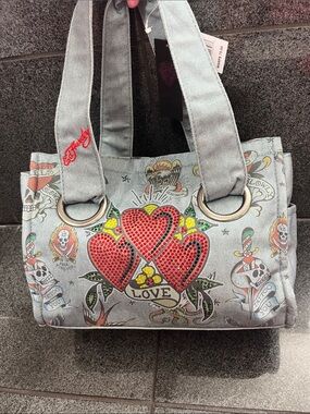 Ed Hardy Gray Tote with Red Heart Appliqués